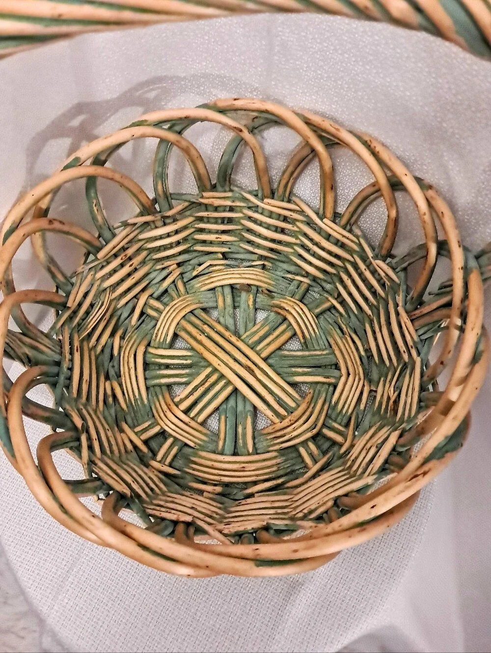 Vintage Large Handwoven Wicker Basket Green & Natural Twisted Handle